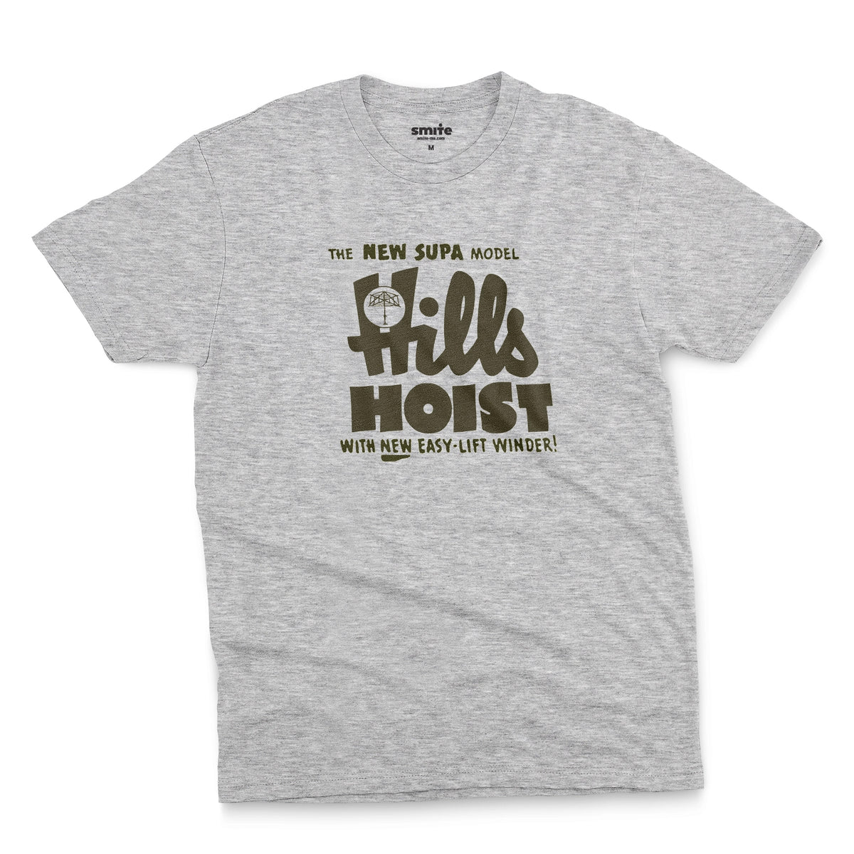 A gray marle t-shirt with an advertisement for 'HILLS HOIST', a clothes line brand from Australia in the 1960s.