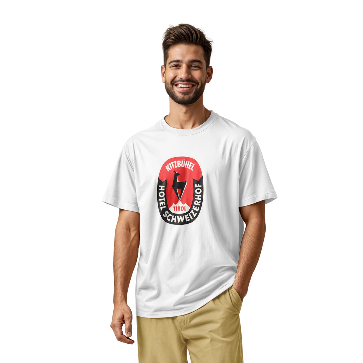 A white t-shirt featuring a retro baggage label for the Hotel Schweizerhof in the Austrian Alps.