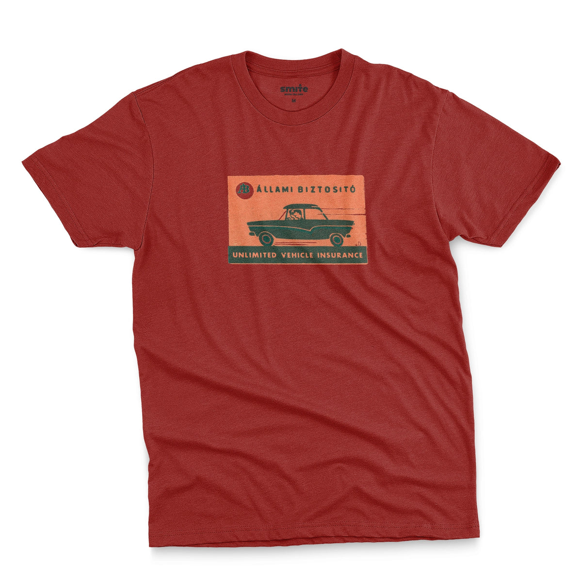 A red t-shirt featuring a retro advertisement for 'ALLAMI BIZTOSITO', Czech car insurance.