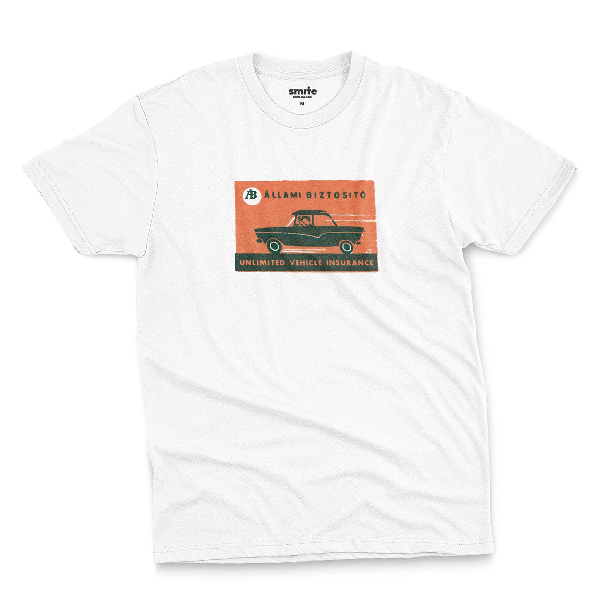 A white t-shirt featuring a retro advertisement for 'ALLAMI BIZTOSITO', Czech car insurance.