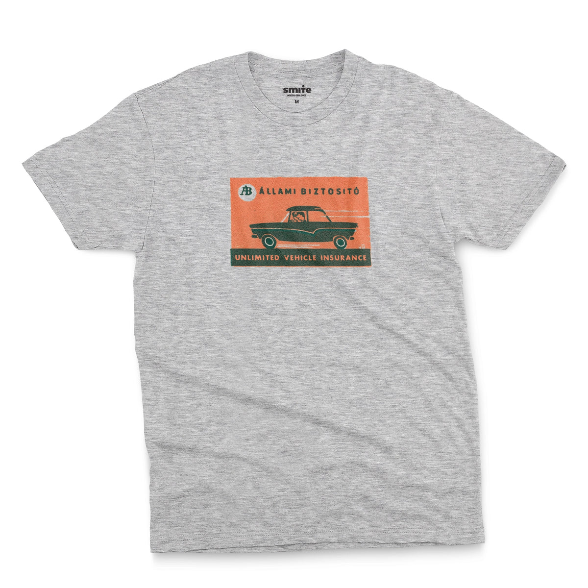A gray marle t-shirt featuring a retro advertisement for 'ALLAMI BIZTOSITO', Czech car insurance.