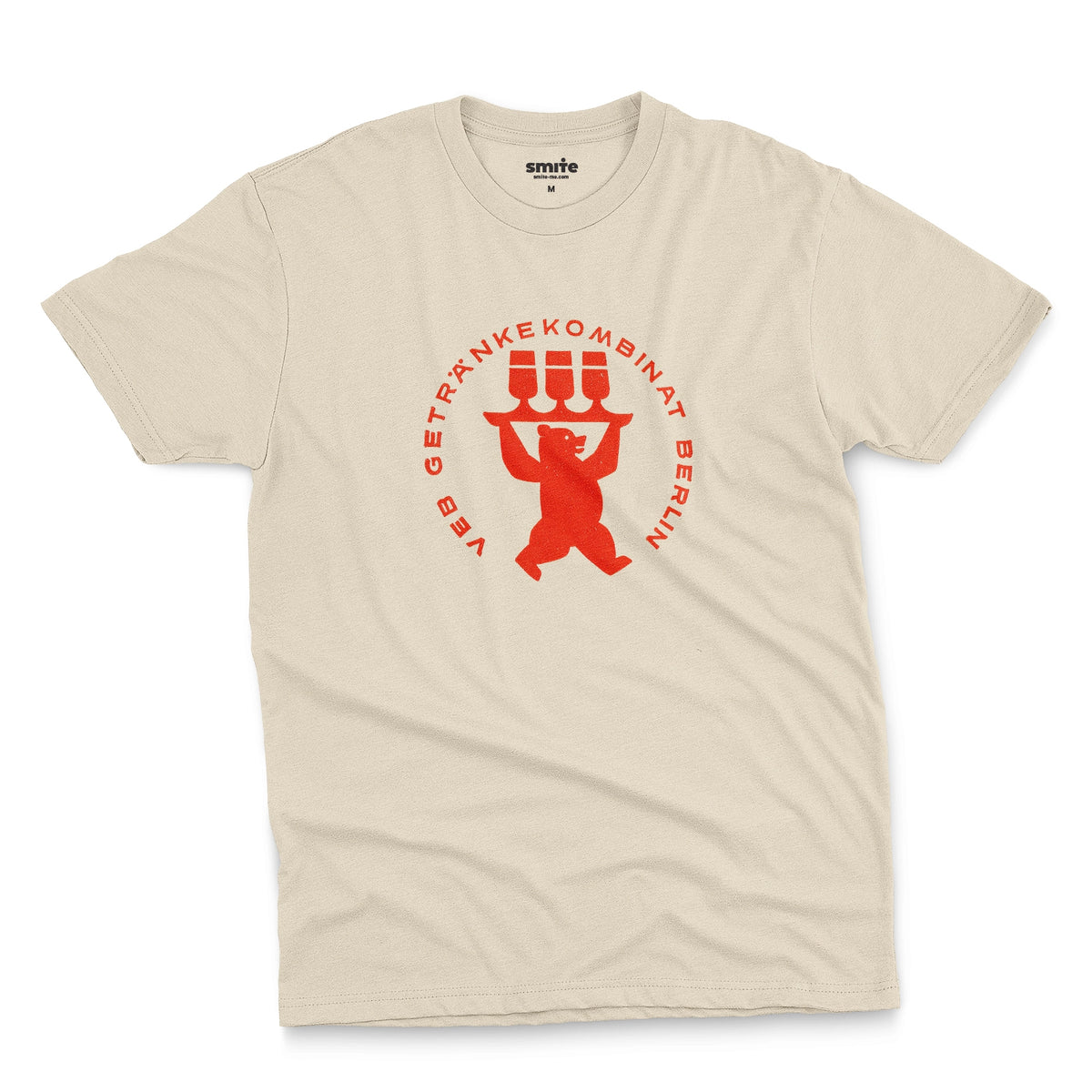 A beige t-shirt featuring a vintage graphic print of a bear holding three beer glasses, taken from a beer coaster in Berlin.