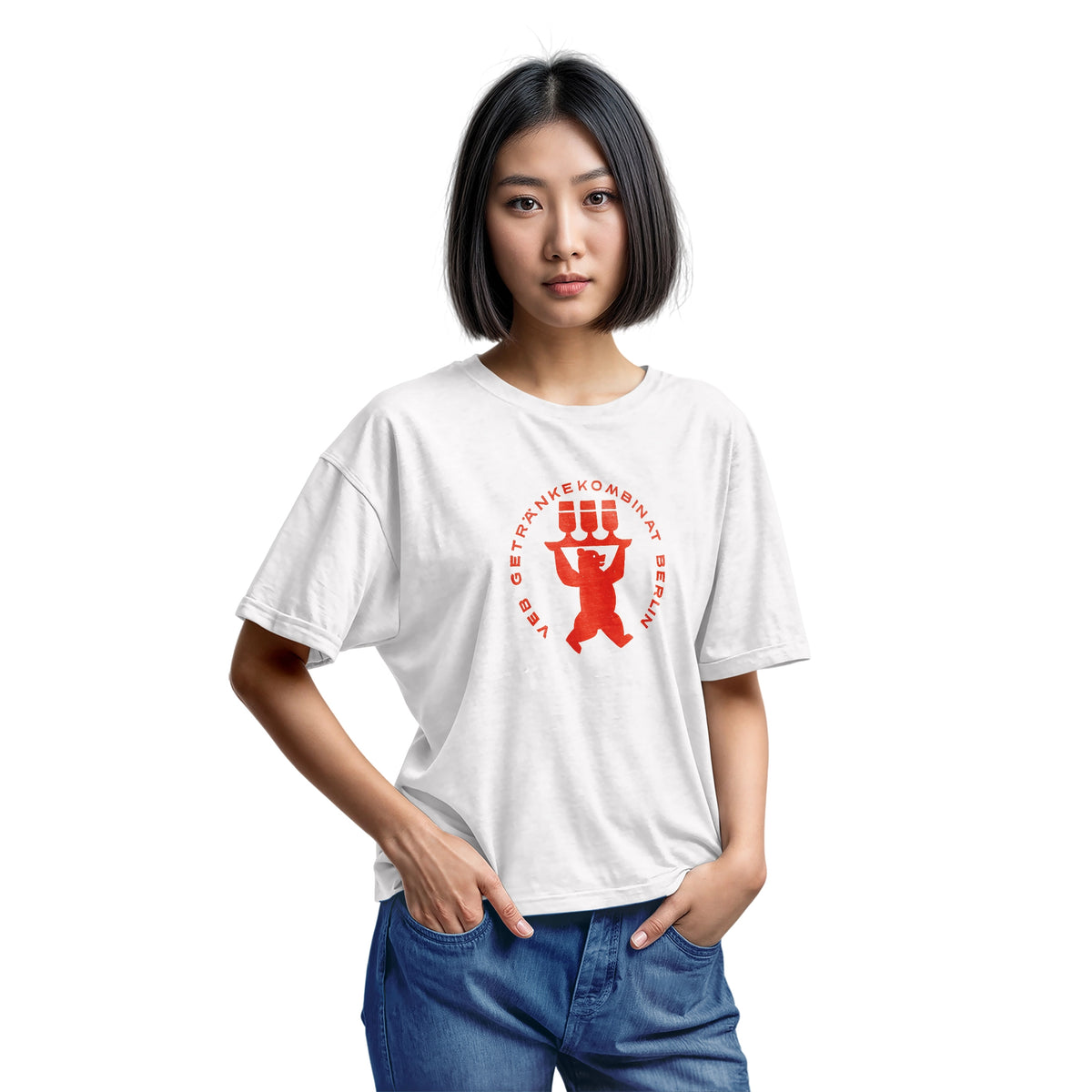 A white t-shirt featuring a vintage graphic print of a bear holding three beer glasses, taken from a beer coaster in Berlin.