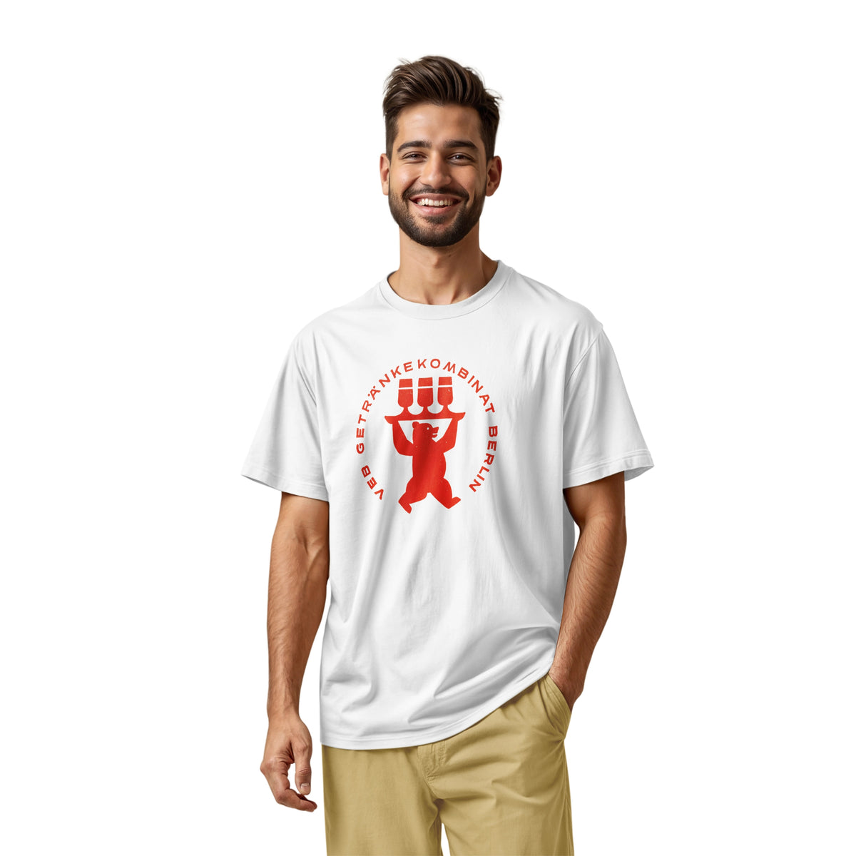 A white t-shirt featuring a vintage graphic print of a bear holding three beer glasses, taken from a beer coaster in Berlin.