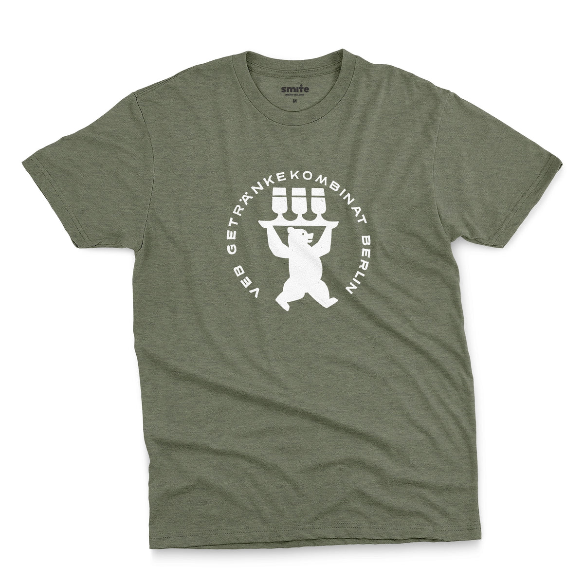 A green t-shirt featuring a vintage graphic print of a bear holding three beer glasses, taken from a beer coaster in Berlin.