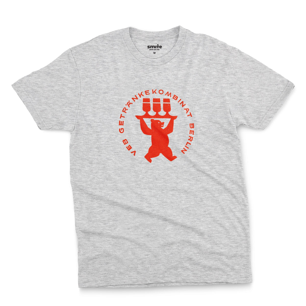A grey marle t-shirt featuring a vintage graphic print of a bear holding three beer glasses, taken from a beer coaster in Berlin.
