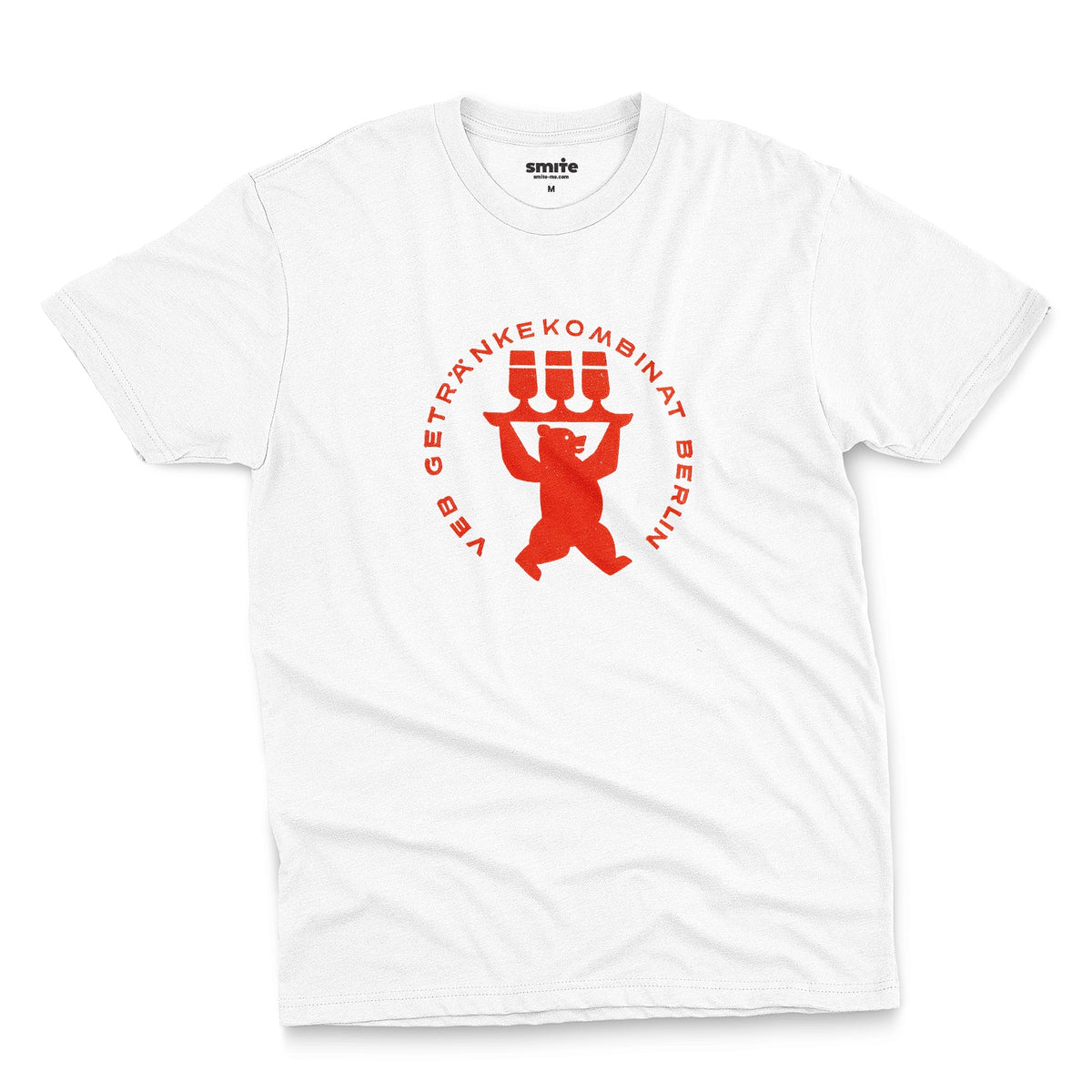 A white t-shirt featuring a vintage graphic print of a bear holding three beer glasses, taken from a beer coaster in Berlin.