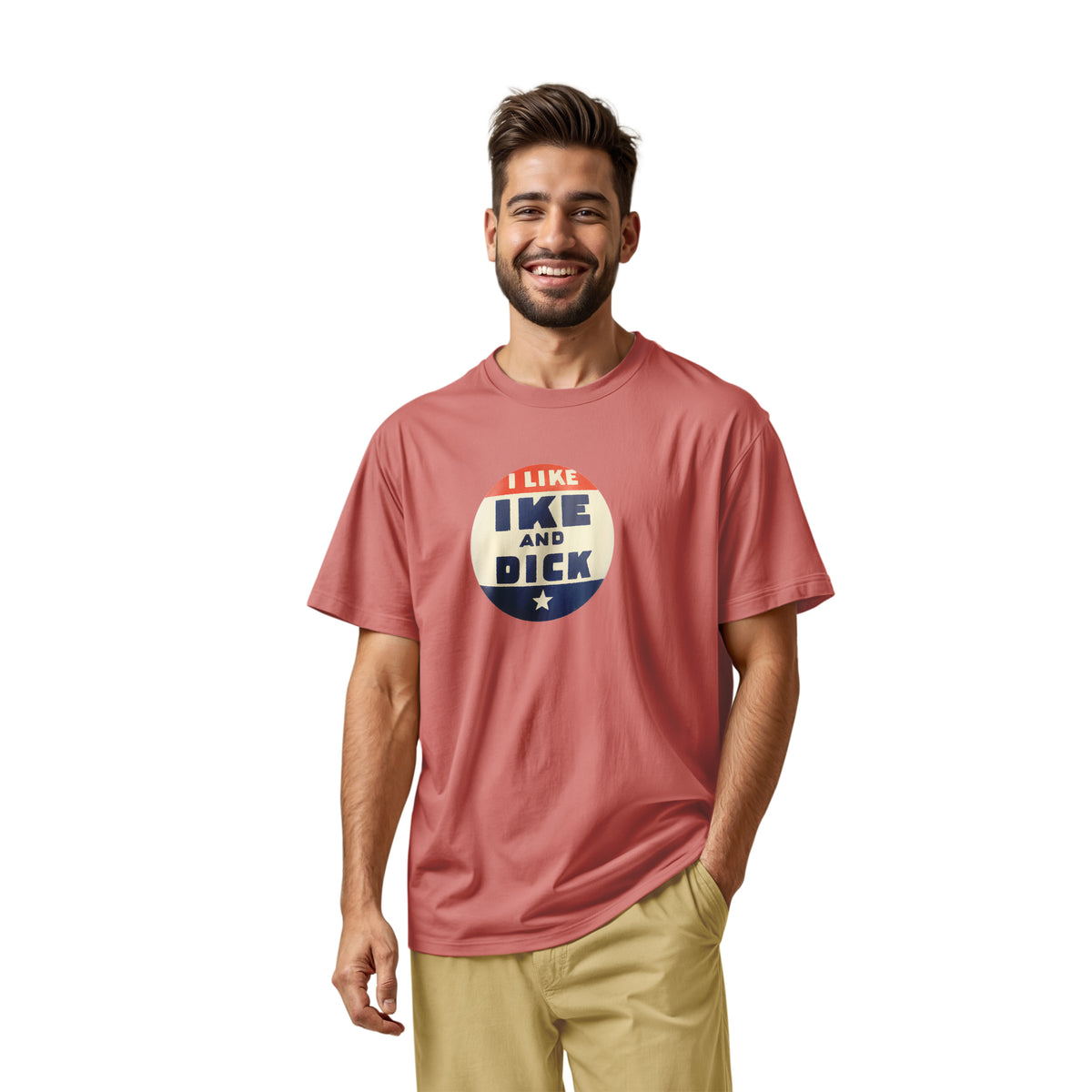 A coral pink t-shirt with  retro Eisenhower Nixon 1956 presidential campaign pin graphic.