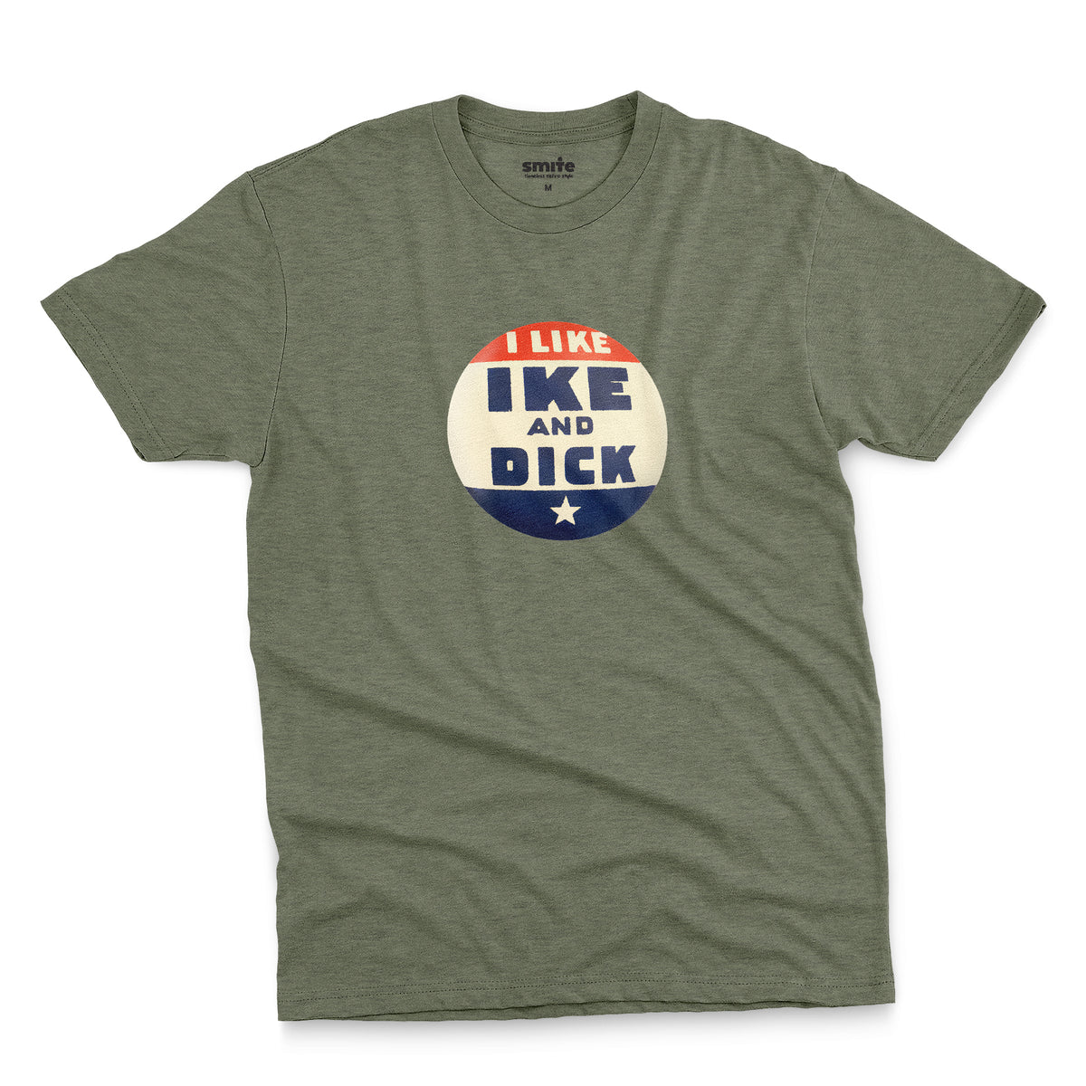 A green t-shirt with  retro Eisenhower Nixon 1956 presidential campaign pin graphic.