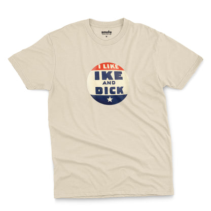 A beige t-shirt with  retro Eisenhower Nixon 1956 presidential campaign pin graphic.