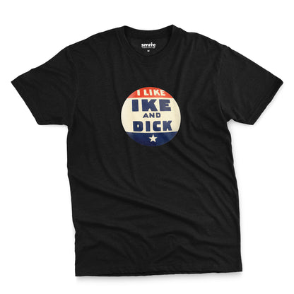 A black t-shirt with  retro Eisenhower Nixon 1956 presidential campaign pin graphic.