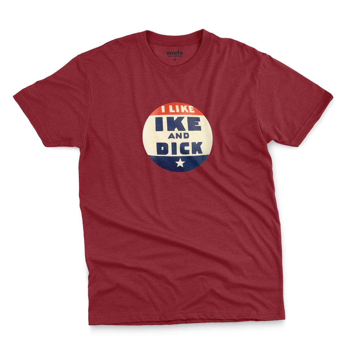 A red t-shirt with  retro Eisenhower Nixon 1956 presidential campaign pin graphic.