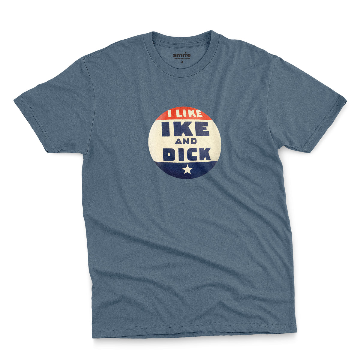 A blue t-shirt with  retro Eisenhower Nixon 1956 presidential campaign pin graphic.