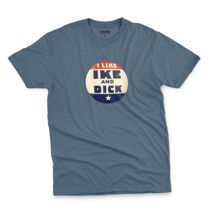 A blue t-shirt with  retro Eisenhower Nixon 1956 presidential campaign pin graphic.