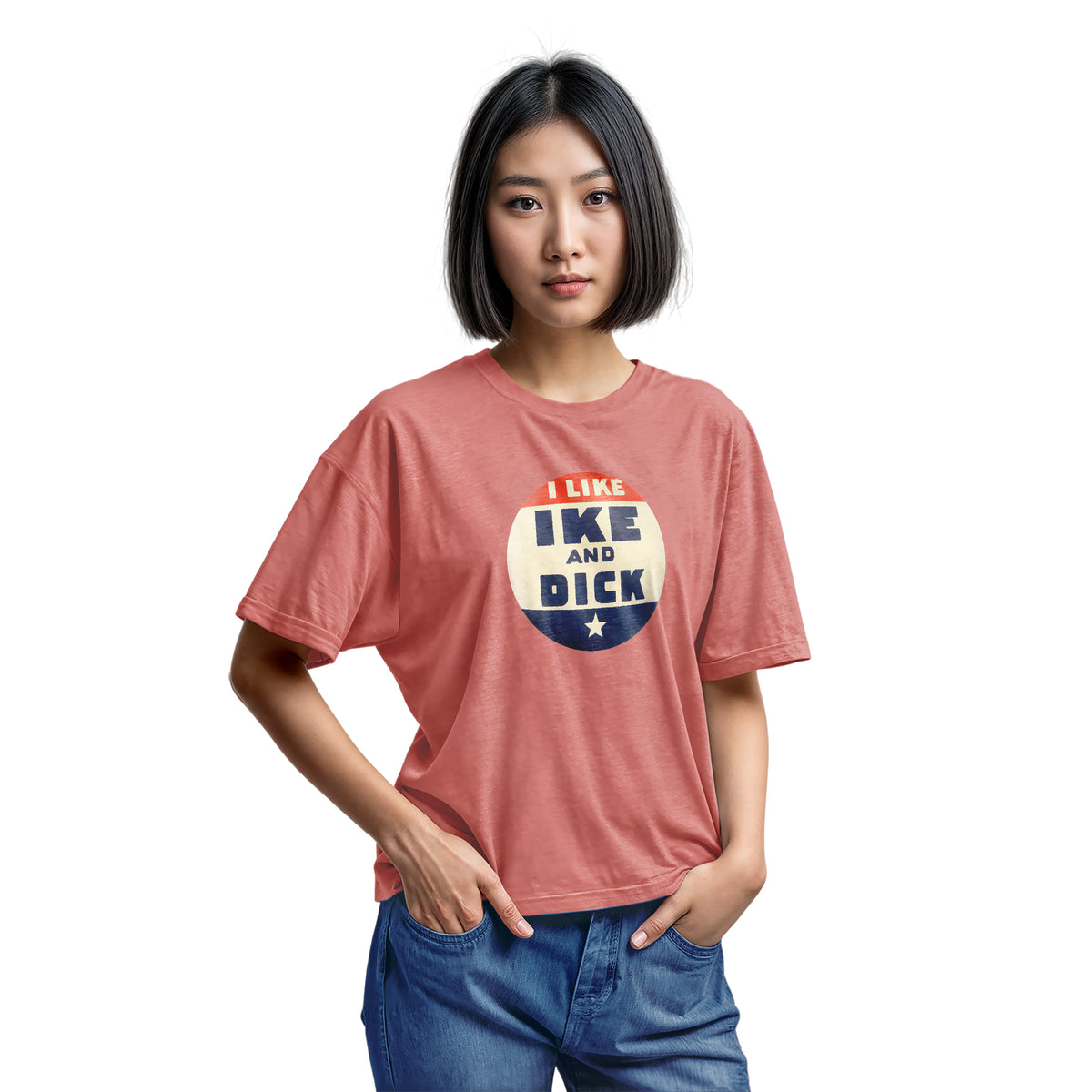 A coral pink t-shirt with  retro Eisenhower Nixon 1956 presidential campaign pin graphic.