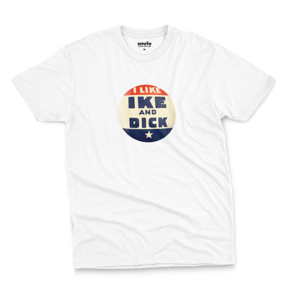 A white t-shirt with  retro Eisenhower Nixon 1956 presidential campaign pin graphic.