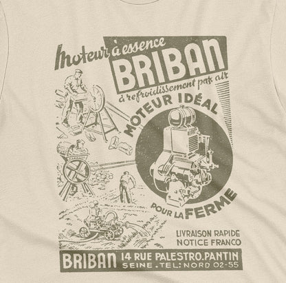 A beige t-shirt with a vintage advertisement for the Briban gasoline engine from a 1930s French farming magazine.
