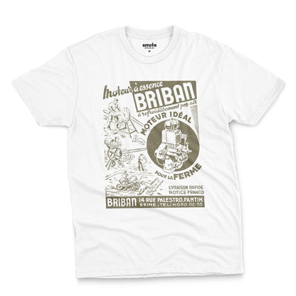 A white t-shirt with a vintage advertisement for the Briban gasoline engine from a 1930s French farming magazine.