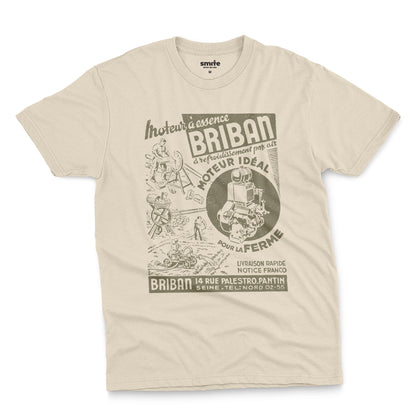 A beige t-shirt with a vintage advertisement for the Briban gasoline engine from a 1930s French farming magazine.