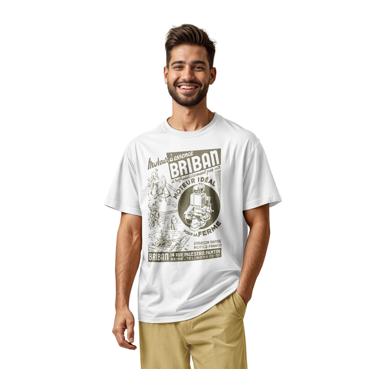 A white t-shirt with a vintage advertisement for the Briban gasoline engine from a 1930s French farming magazine.