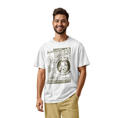 A white t-shirt with a vintage advertisement for the Briban gasoline engine from a 1930s French farming magazine.