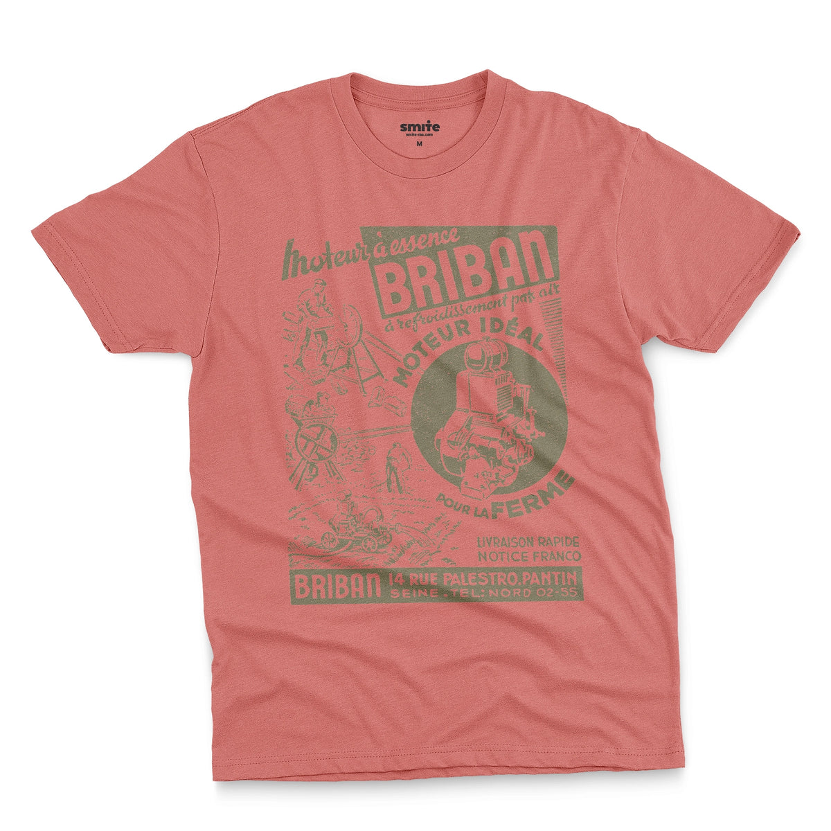 A red t-shirt with a vintage advertisement for the Briban gasoline engine from a 1930s French farming magazine.