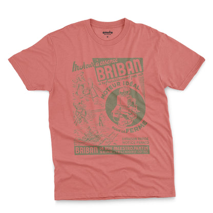 A red t-shirt with a vintage advertisement for the Briban gasoline engine from a 1930s French farming magazine.