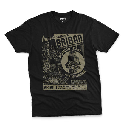 A black t-shirt with a vintage advertisement for the Briban gasoline engine from a 1930s French farming magazine.
