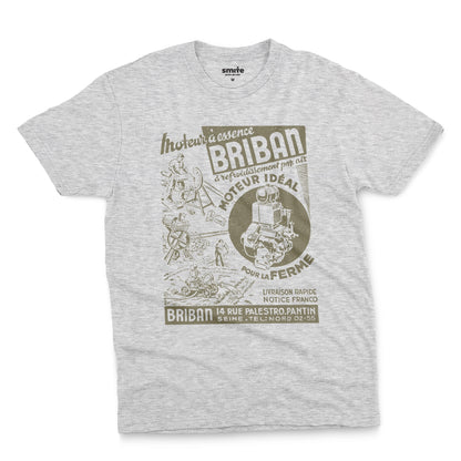 A gray marle t-shirt with a vintage advertisement for the Briban gasoline engine from a 1930s French farming magazine.