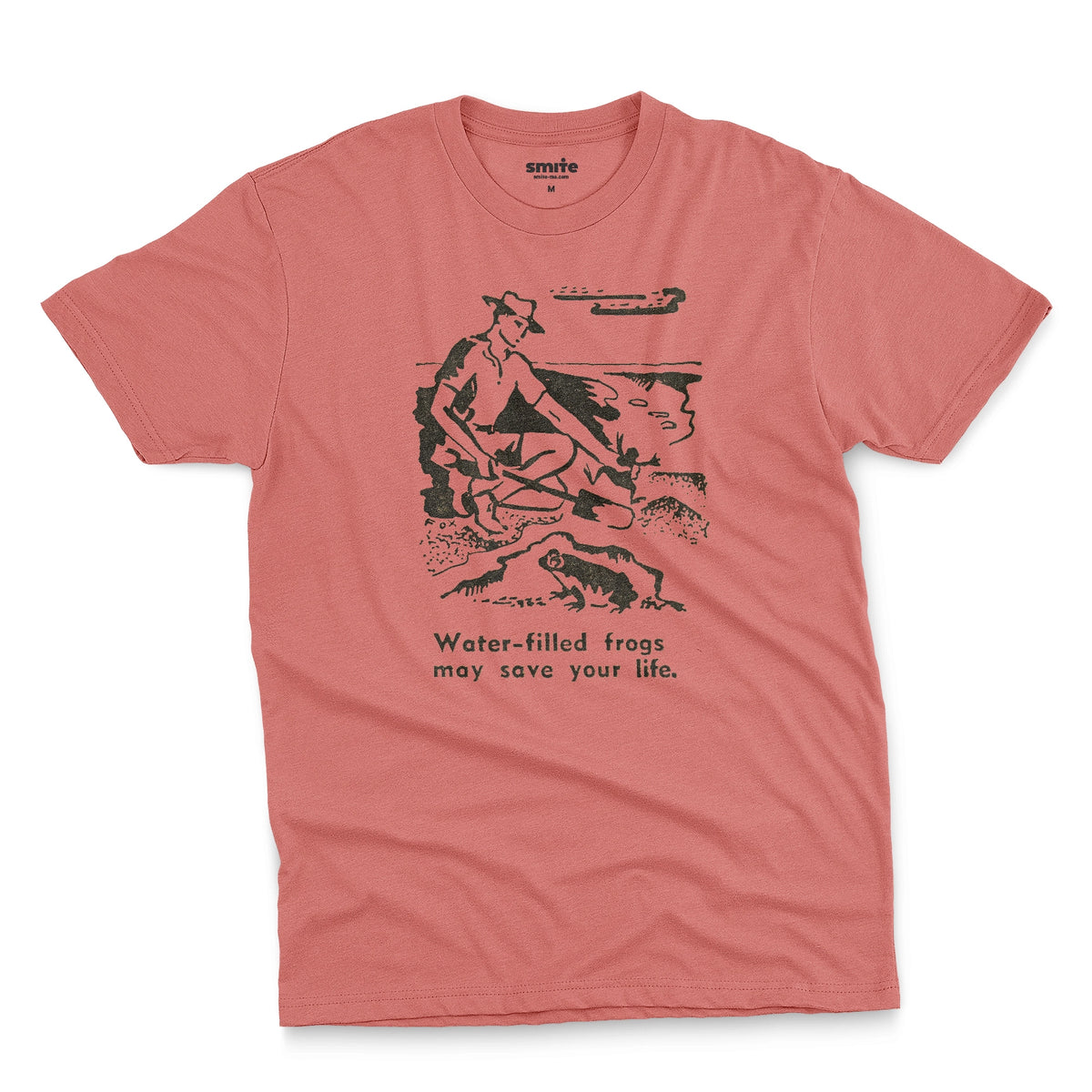 A red t-shirt with a graphic print of an illustration from a World War 2 Australian Army handbook about finding and eating frogs.