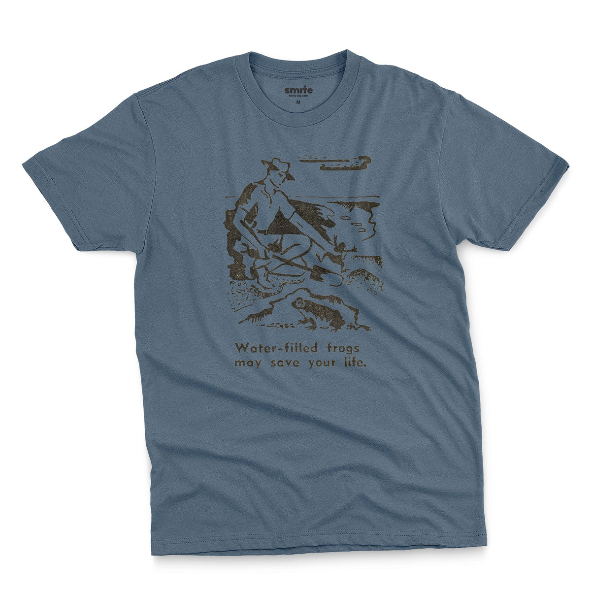 A blue t-shirt with a graphic print of an illustration from a World War 2 Australian Army handbook about finding and eating frogs.
