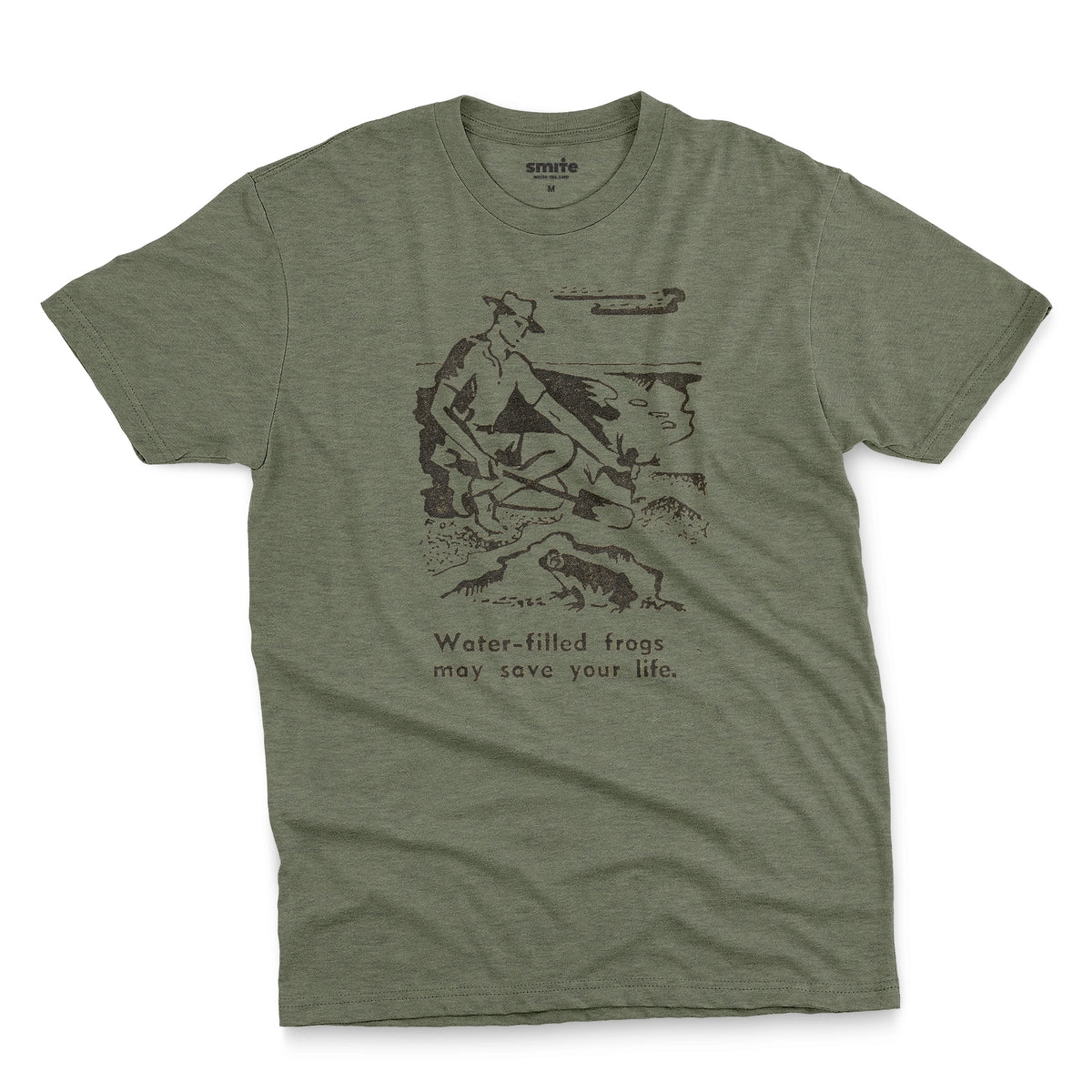 A green t-shirt with a graphic print of an illustration from a World War 2 Australian Army handbook about finding and eating frogs.