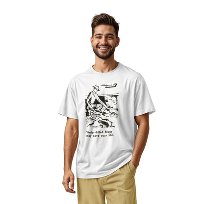 A white t-shirt with a graphic print of an illustration from a World War 2 Australian Army handbook about finding and eating frogs.