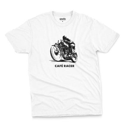 A white t-shirt featuring a black and white graphic of a vintage motorcycle with a rider, with the text 'CAFÉ RACER' printed below it.