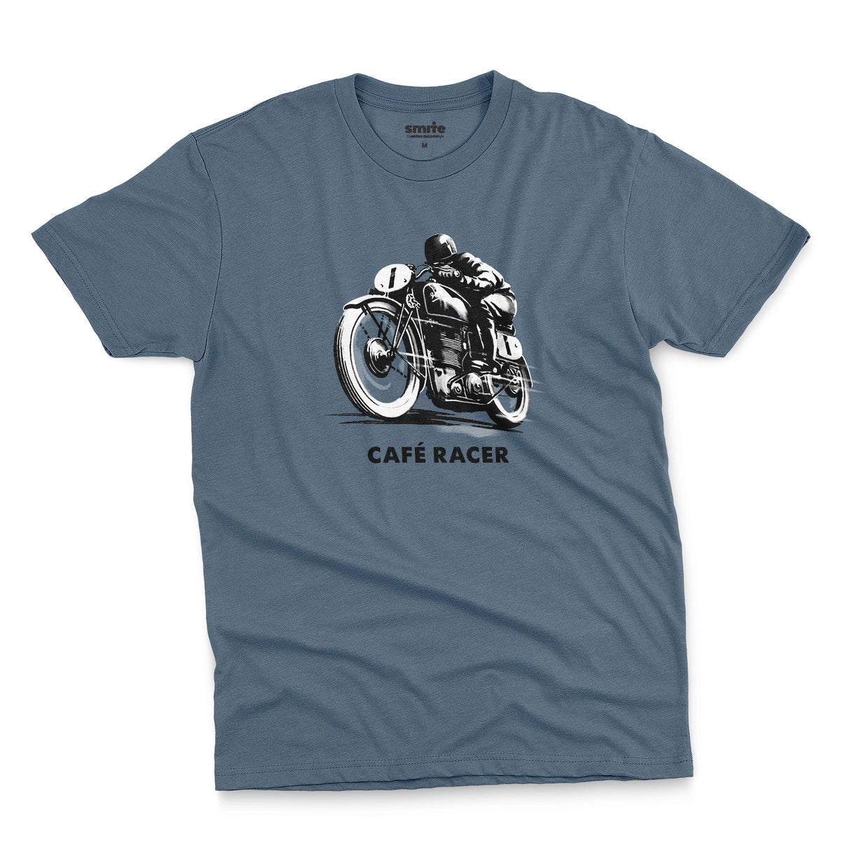A blue t-shirt featuring a black and white graphic of a vintage motorcycle with a rider, with the text 'CAFÉ RACER' printed below it.