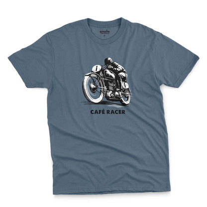 A blue t-shirt featuring a black and white graphic of a vintage motorcycle with a rider, with the text 'CAFÉ RACER' printed below it.