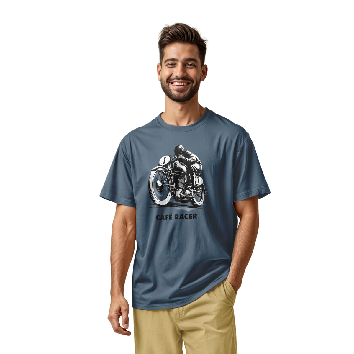 A blue t-shirt featuring a black and white graphic of a vintage motorcycle with a rider, with the text 'CAFÉ RACER' printed below it.