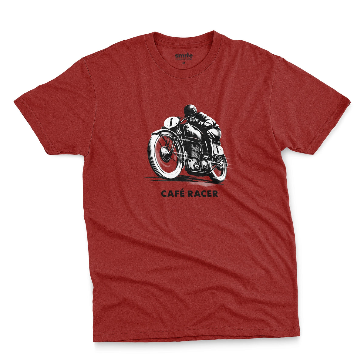 A red t-shirt featuring a black and white graphic of a vintage motorcycle with a rider, with the text 'CAFÉ RACER' printed below it.