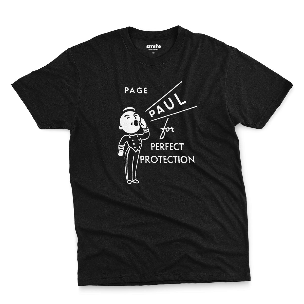 A black t-shirt with a retro graphic print that features a cartoon character and the text 'PAGE PAUL for PERFECT PROTECTION'.