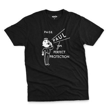 A black t-shirt with a retro graphic print that features a cartoon character and the text 'PAGE PAUL for PERFECT PROTECTION'.