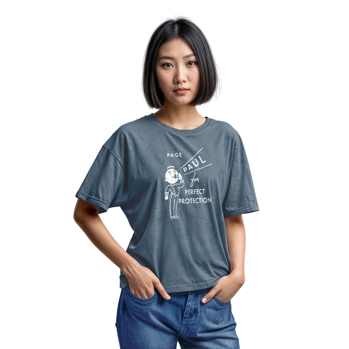 A blue t-shirt with a retro graphic print that features a cartoon character and the text 'PAGE PAUL for PERFECT PROTECTION'.