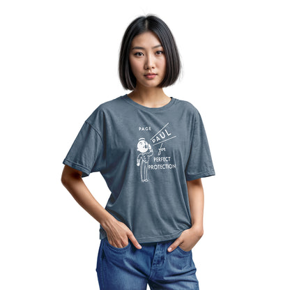 A blue t-shirt with a retro graphic print that features a cartoon character and the text 'PAGE PAUL for PERFECT PROTECTION'.