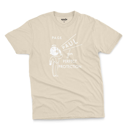 A beige t-shirt with a retro graphic print that features a cartoon character and the text 'PAGE PAUL for PERFECT PROTECTION'.