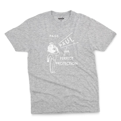 A gray marle t-shirt with a retro graphic print that features a cartoon character and the text 'PAGE PAUL for PERFECT PROTECTION'.