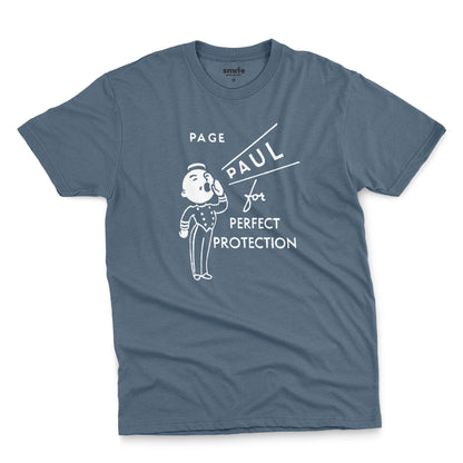 A blue t-shirt with a retro graphic print that features a cartoon character and the text 'PAGE PAUL for PERFECT PROTECTION'.