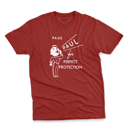 A red t-shirt with a retro graphic print that features a cartoon character and the text 'PAGE PAUL for PERFECT PROTECTION'.