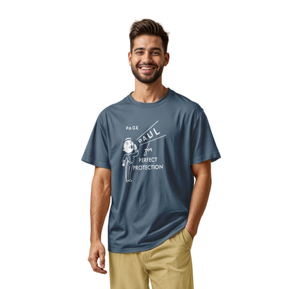 A blue t-shirt with a retro graphic print that features a cartoon character and the text 'PAGE PAUL for PERFECT PROTECTION'.