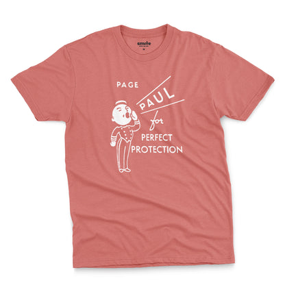 A coral pink t-shirt with a retro graphic print that features a cartoon character and the text 'PAGE PAUL for PERFECT PROTECTION'.
