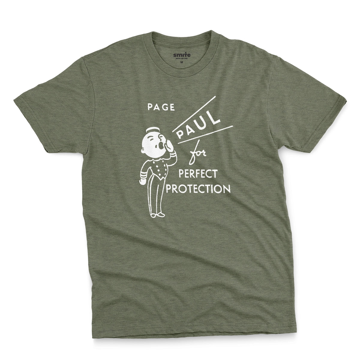 A green t-shirt with a retro graphic print that features a cartoon character and the text 'PAGE PAUL for PERFECT PROTECTION'.