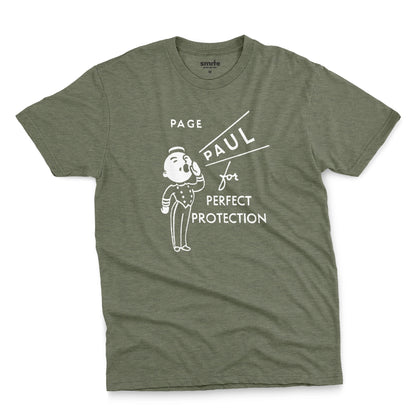 A green t-shirt with a retro graphic print that features a cartoon character and the text 'PAGE PAUL for PERFECT PROTECTION'.